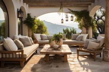 Obraz premium beautiful interior and patio terrace design living area open space, balcony design with nature of hill antic Color