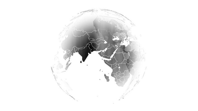 A black political map of the world on a transparent sphere rotates on a white background.
