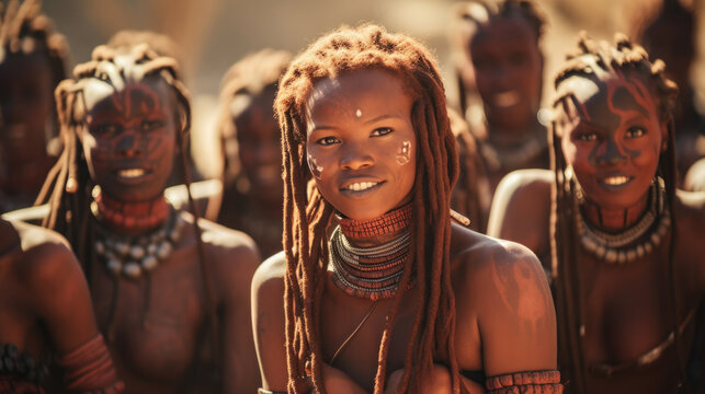 Portrait of a Himba woman dressed in traditional style in Namibia, Africa.