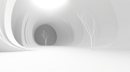 White abstract cave with circular shapes and two trees for your background. AI generation 