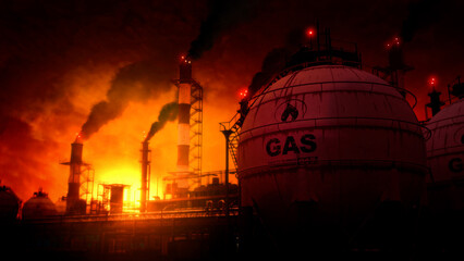gas or gasoline or LNG storage tanks on refinery at sunset, fictional design - industrial 3D rendering