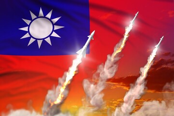 Modern strategic rocket forces concept on sunset background, Taiwan Province of China ballistic warhead attack - military industrial 3D illustration, nuke with flag