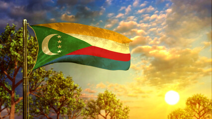 waving flag of Comoros at sunrise for independence day - abstract 3D rendering