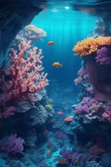 Poster Bright coral reef next to a deep water abyss. Generative AI. © BornHappy