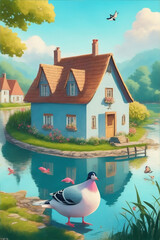 A picturesque village surrounded by a tranquil lake rendered in