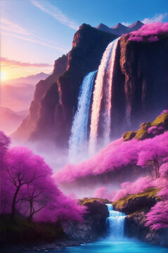 Landscape, beautiful pink flower, sunrise, waterfall mountain. G