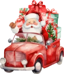 Fototapete Cartoon-Autos santa with gift box watercolor vector illustration