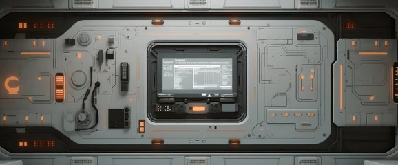 Scifi cyber space age material multifunctional background wall . Wide format panel design. white galaxy light. space travel.  sci-fi hand edited generative AI.  © killykoon