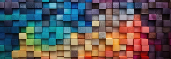 Papier Peint photo Univers Colorful wooden blocks aligned. Wide format. Hand edited generative AI. 