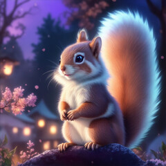 Obraz premium Cartoon squirrel in dreamy at night time. Generative AI.
