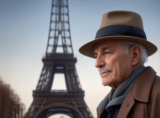 A retired Frenchman with a hat on the background of the Eiffel Tower. Generative AI.