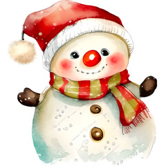 Watercolor Cute Baby Snowman in Santa Hat Clipart