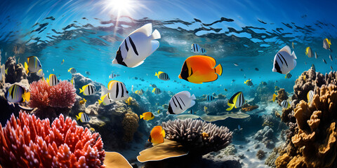 lots of tangs butterfly fish and other colourful marine fish swimming above a coral reef