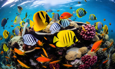 lots of tangs butterfly fish and other colourful marine fish swimming above a coral reef