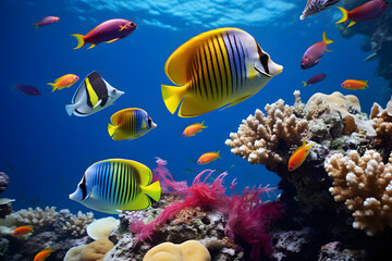 Fototapeta na wymiar lots of tangs butterfly fish and other colourful marine fish swimming above a coral reef