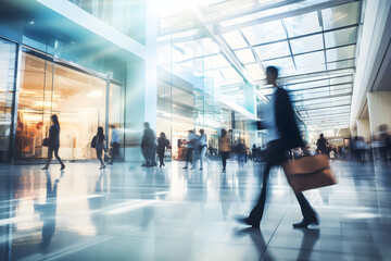 Obraz premium blurred business people walking at a trade fair, conference or walking in a modern hall