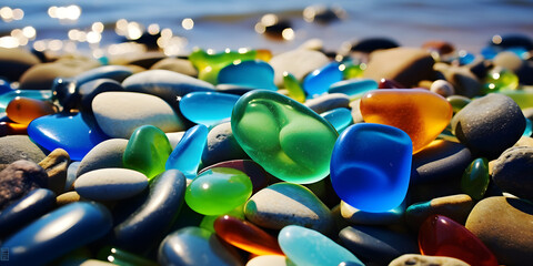 Colourful glass pebbles on a beach. Polished textured sea glass and stones on the seashore. Green, blue shiny glass with multi-coloured sea pebbles close-up. Beach summer background