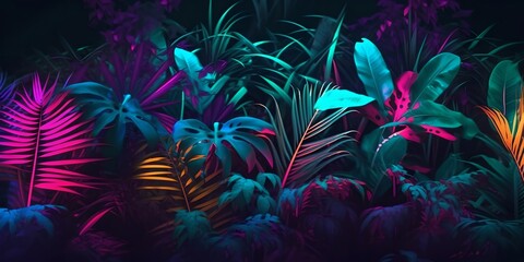 Fototapeta na wymiar Tropical leaves neon, generative ai