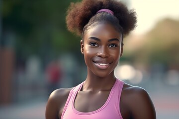 Black woman wearing fitness top exercising outdoors, generative ai.