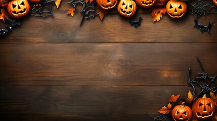 ハロウィンの木製フレーム、紅葉とかぼちゃのおばけの背景 © tota