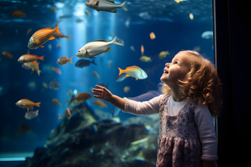 happy young child in public aquarium watching the fish