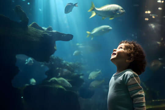 happy young child in public aquarium watching the fish