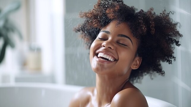 Happy black woman taking bubble bath, generative ai