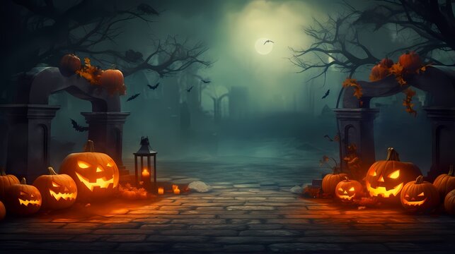 ハロウィンのイラスト、かぼちゃのおばけのいる余白の広い背景