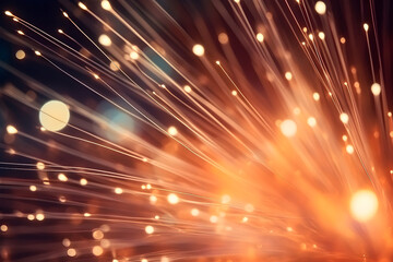 Fototapeta premium Abstract close up fiber optics cable for background. Holiday concept. Optic communication and technology background. Optical lighting with bokeh lights