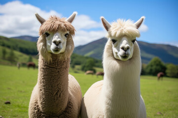 A pair of llamas in the green pasture