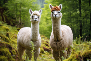 A pair of llamas in the green pasture