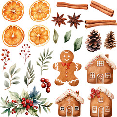 set of christmas spices and ginger bread watercolor vector illustration - obrazy, fototapety, plakaty