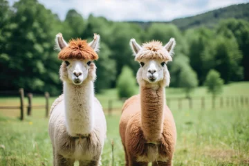 Fotobehang A pair of llamas in the green pasture © Veniamin Kraskov