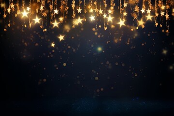 Fototapeta na wymiar Christmas warm gold garland lights over dark background with glitter overlay, Generative AI