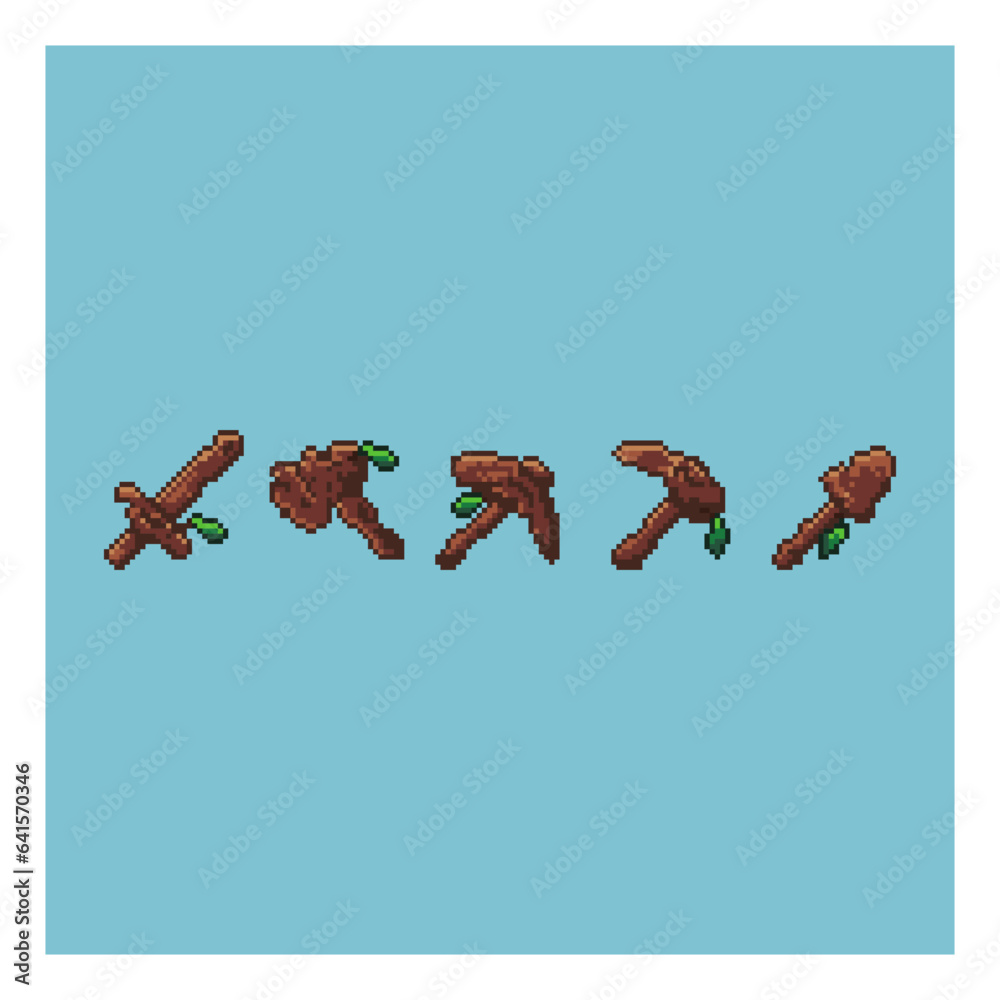 Poster pixel art sets of wooden with leaf tools items asset on pixelated style.8bits perfect for game asset