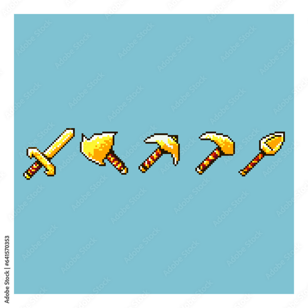 Poster pixel art sets of golden tools items asset on pixelated style.8bits perfect for game asset or design