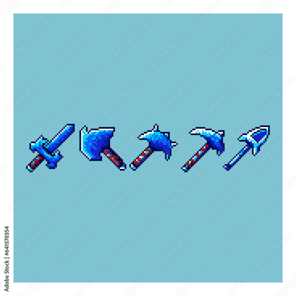 Poster pixel art sets of blue tools items asset on pixelated style.8bits perfect for game asset or design a