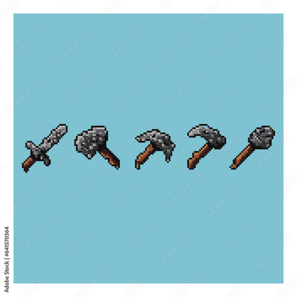 Poster pixel art sets of stone tools items asset on pixelated style.8bits perfect for game asset or design 