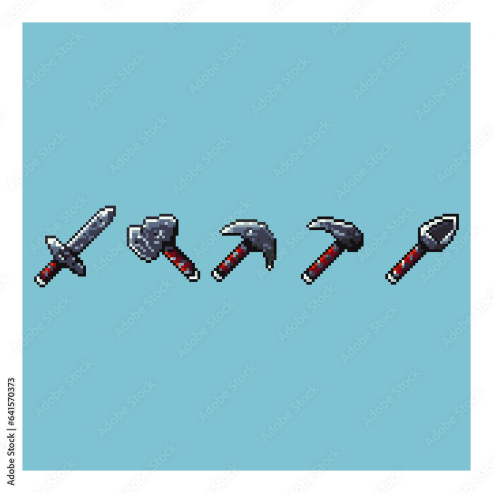 Poster pixel art sets of silver tools items asset on pixelated style.8bits perfect for game asset or design