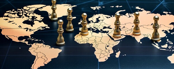 concept of geopolitics or worldwide economy. chess figures placed on map banner, Generative AI