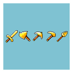 Pixel art sets of golden  tools items asset on pixelated style.8bits perfect for game asset or design asset element for your game design asset.