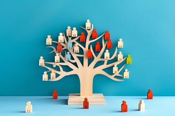 Business image of wooden tree with people icons over blue table, human resources and management concept, Generative AI - obrazy, fototapety, plakaty