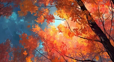 Vivid orange fall leaves against blue sky, generative ai.