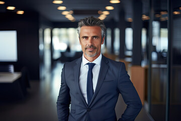 Fototapeta premium Happy handsome proud stylish mid aged mature professional business man ceo, successful confident smiling good looking male executive wearing suit standing in office looking at camera, portrait.