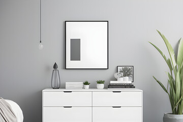 Horizontal frame mockup in modern interior background. Empty frames above white chest of drawers with beautiful decor. Scandinavian style, frame mockup, 3d rendering