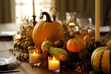 Thanksgiving table setting, elegant dinner table with pumpkins and candles generative ai.