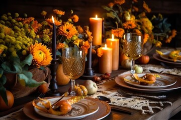 Thanksgiving table setting, elegant dinner table with pumpkins and candles generative ai.