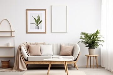 Blank horizontal poster frame mock up in minimal Scandinavian white style living room interior, modern living room interior background, Generative AI