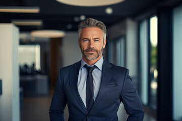 Fototapeta premium Happy handsome proud stylish mid aged mature professional business man ceo, successful confident smiling good looking male executive wearing suit standing in office looking at camera, portrait.