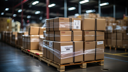 pallet and box stacking a lot in warehouse.generative ai